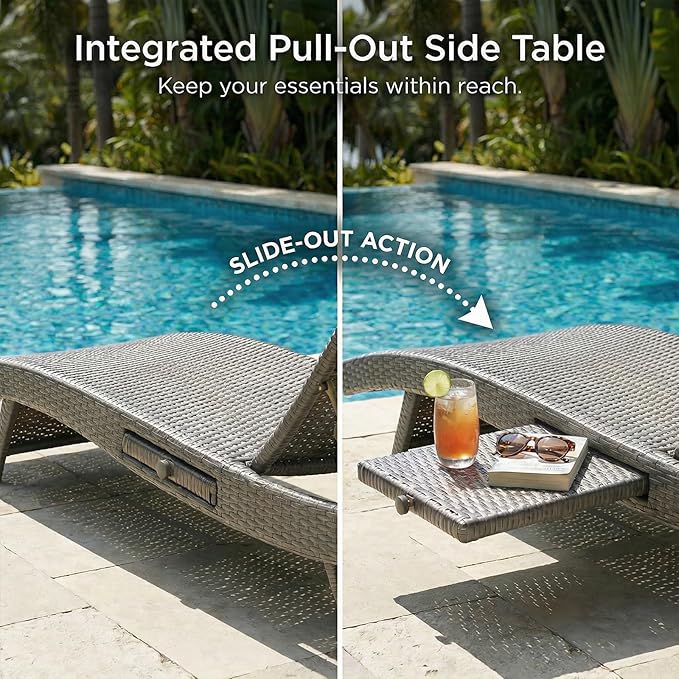 Wicker Outdoor Lounge Chairs with Rolling Wheels, Pool Lounge Chairs Set of 6, Rattan Outdoor Lounger with Pull Out Side Table, Adjustable Backrest Patio Chaise Lounges, Gray