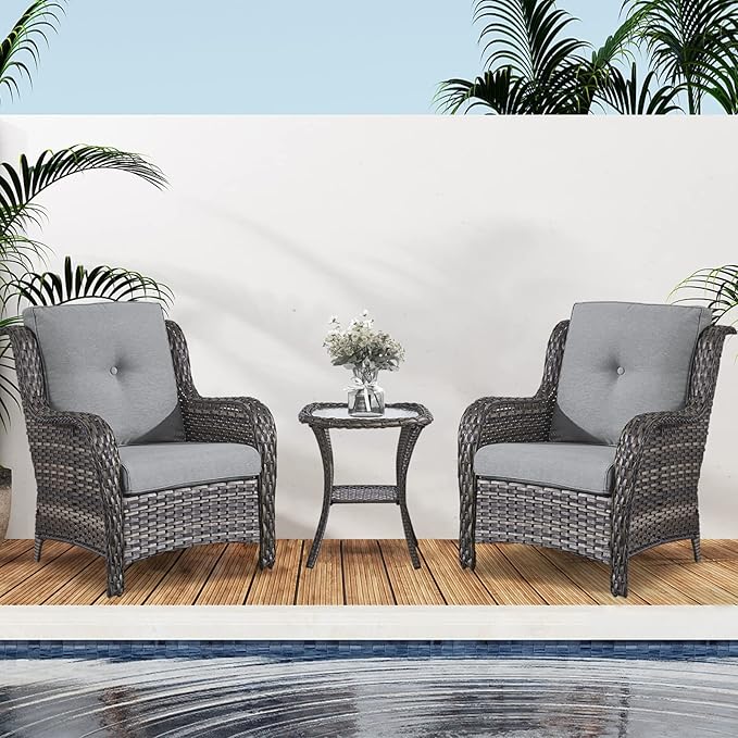 Belord Patio Chairs Outdoor Furniture Set, 3 Peices Porch Wicker Furniture with Side Table - Photo 2