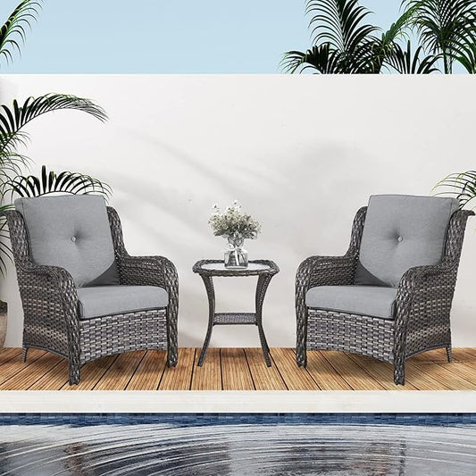 Belord Patio Chairs Outdoor Furniture Set, 3 Peices Porch Wicker Furniture with Side Table, Deep Seating Patio Bistro Chair Sets (Grey Cushion)