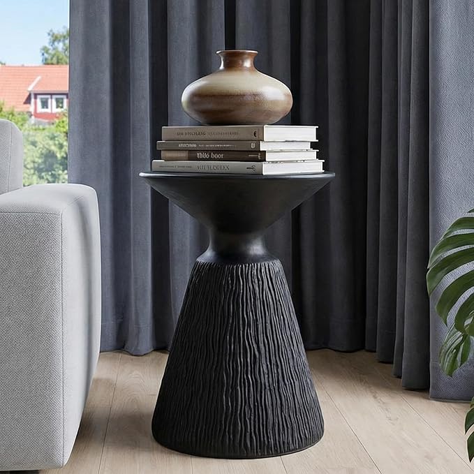 HOMPUS Outdoor Concrete Side Table, Morden End Table Mushroom Shaped, Patio Round Coffee Accent Table, Decor Garden Stool for Livingroom, Balcony, Pool, Color Black