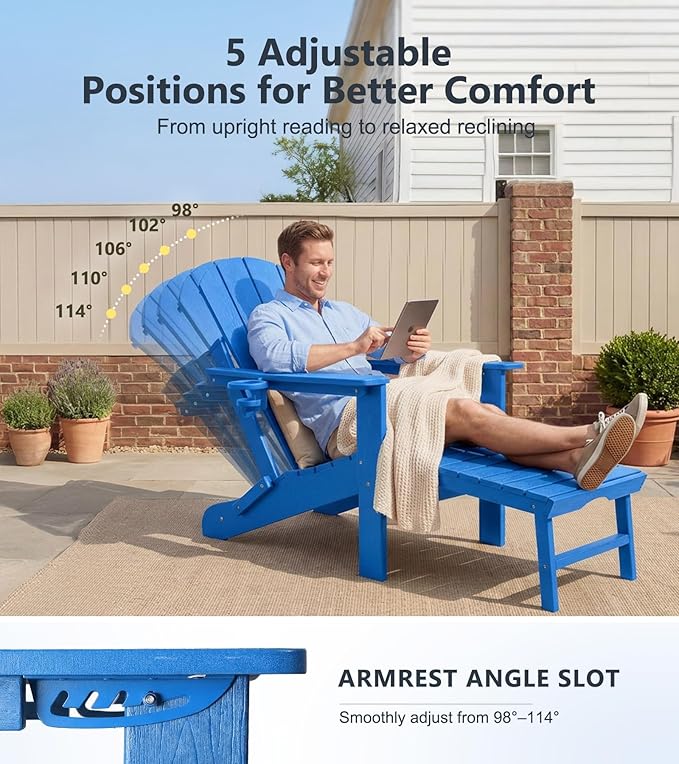 PASAMIC Folding Adirondack Chairs Set of 2 with Retractable Ottoman, 5-Position Adjustable Backrest - Photo 3