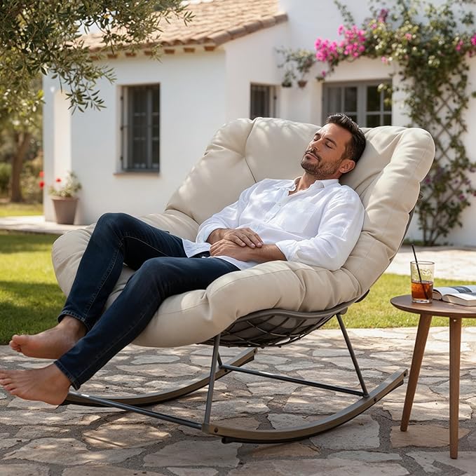 Outdoor Patio Rocking Chair, Oversized Papasan Chair with Cushion and Frame, Comfy Modern Rocker Egg Chair for Living Room, Garden Backyard,Beige2pc