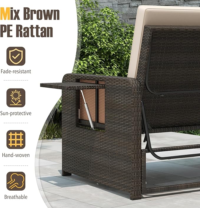 LDAILY Moccha Outdoor Daybed, Wicker Loveseat Sofa Set with 4-Postion Adjustable Backrest, Storage Ottoman, Cushions - Photo 4
