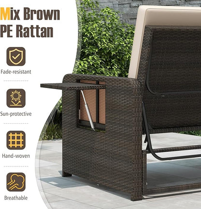 LDAILY Moccha Outdoor Daybed, Wicker Loveseat Sofa Set with 4-Postion Adjustable Backrest, Storage Ottoman, Cushions, Rattan Double Bed Lounger, Patio Furniture Set (Beige)