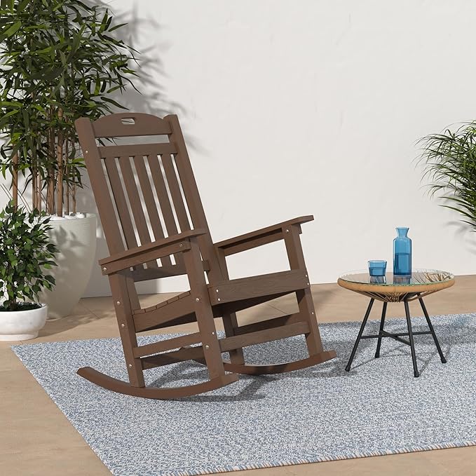 YEFU Outdoor Rocking Chairs Set of 2: Porch Rocking Chairs-Outdoor Patio Rockings Chair-Oversized Rocker Chair-All Weather Poly Rocker Lawn Chair for Adult-Seat Area 22"x21"-Backrest Height 31"-Teak