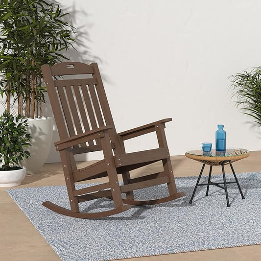 YEFU Outdoor Rocking Chairs Set of 2: Porch Rocking Chairs-Outdoor Patio Rockings Chair-Oversized Rocker Chair-All Weather Poly Rocker Lawn Chair for Adult-Seat Area 22"x21"-Backrest Height 31"-Teak
