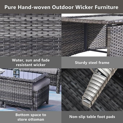 Belord Outdoor Coffee Table with Tempered Glass Top, Patio Rectangular Mixed Grey Wicker, Handwoven Rattan Coffee Table Compatible with Patio Furniture Sets for Porch Deck Backyard