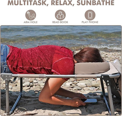 Tanning Chair with Sun Canopy Face Hole Softer Padded Adjustable Washable, Heavy Duty Layout Folding Lounge Chair for Adults Outside Beach Reading Sunbathing Poolside Lawn, UPF 50+ Sun Shade, 300 LBS
