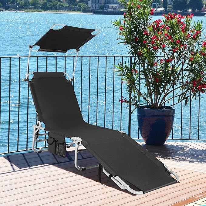 Goplus Tanning Chair, Foldable Beach Lounge Chair with 360°Canopy Sun Shade, Side Pocket, 5-Position Adjustable Outdoor Chaise Lounge Chair for Patio Pool Yard Lawn (1, Black)