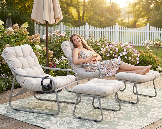 BULEXYARD Patio Lounge Chair with Ottoman, Set of 2, 4" Thick Cushion Reading Lounge Chairs, Heavy-Duty Outdoor Conversation Seating for Balcony, Yard, Garden, Porch, Poolside, Beige