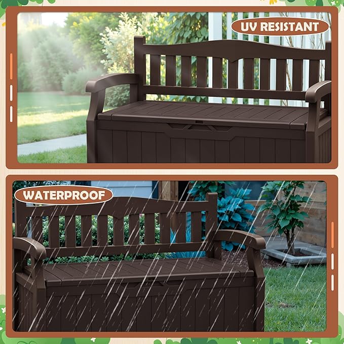 JUMMICO 80 Gallon Resin Outdoor Storage Bench, Large Deck Box with Armrest, Lockable&Waterproof for Garden, Home, Patio, Pools (Brown, 80 Gallon)