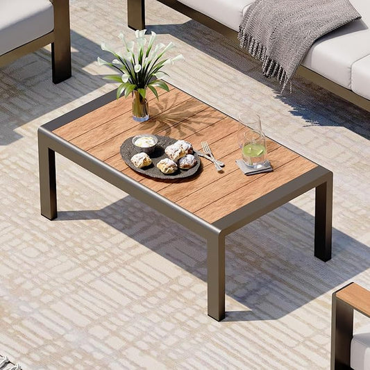 Aluminum Outdoor Patio Coffee Table, All-Weather Patio Coffee Tables for Outside with PS Wood-Like Table Top, Modern Rectangle Coffee Table for Porch, Balcony, Deck, Yard, Black