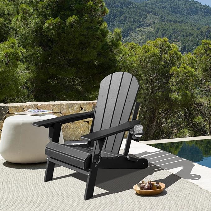 Lepdep Folding Adirondack Chair Modern Adjustable Plastic Outdoor Fire Pit Chair Weather Resistant 3-Positons Patio Chair with Cup Holder for Outdoor Porch Garden Backyard Deck and Pool, Black…