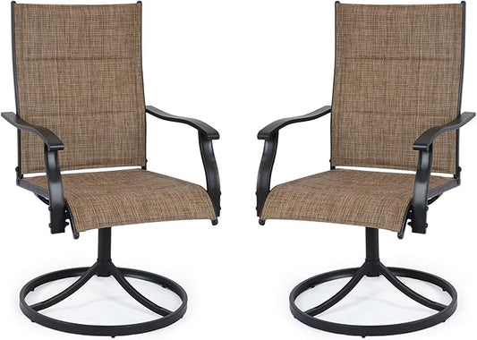 Patio Swivel Chairs Set of 2, Outdoor Dining Chairs High Back, All-Weather Padded Textilene Swivel Rocker Chair for Lawn Porch Garden, Brown