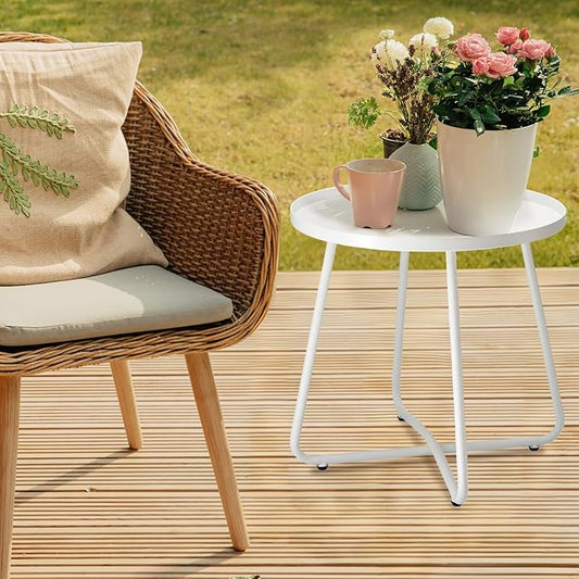 danpinera Outdoor Side Tables, Weather Resistant Steel Patio Side Table, Small Round Outdoor End Table Metal Side Table for Patio Yard Balcony Garden Bedside White