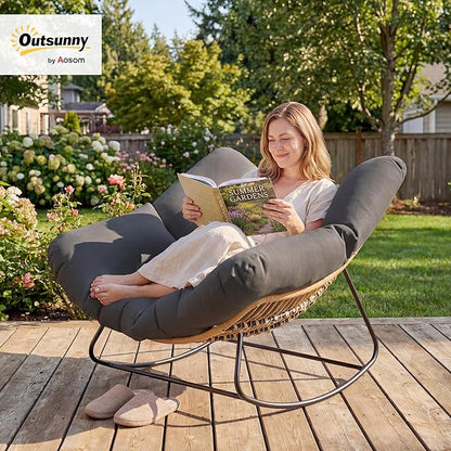 Outsunny Papasan Rocking Chair, Wicker Oversized Indoor Outdoor Rocking Chair with Cushion, PE Rattan Padded Outdoor Rocker Egg Chairs for Living Room, Garden, Patio, Balcony, Dark Gray