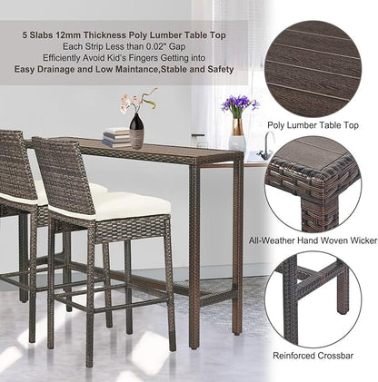 Outdoor Bar Table Patio Bar Height 55" Long Outdoor Console Table Hot Tub Tall Wicker High Top Pub Serving Table Narrow Sofa Sideboard Table Brown