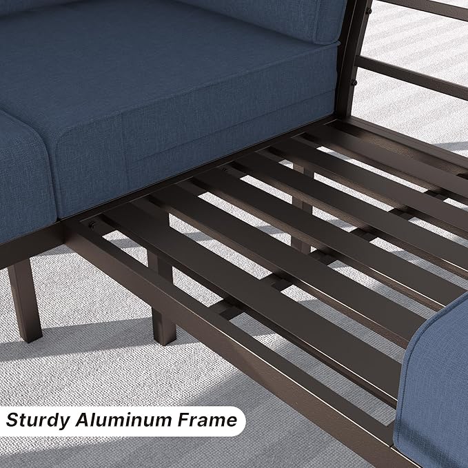 Gotland Aluminum Patio Furniture Set, Metal Outdoor Furniture with 2 Ottomans 5.1’’ High-Resilience Seat Cushions, 5 Piece Patio Set, Oversized Outdoor Sectional Patio Conversation Sets, Navy