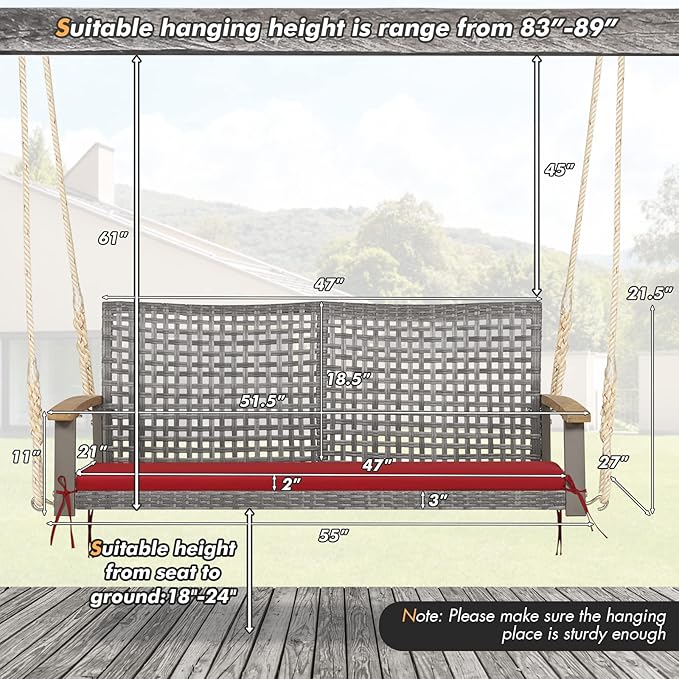 RELAX4LIFE 2-Seater Outdoor Porch Swing - Patio PE Rattan Hanging Swing Bench with Seat Cushion and Strong Hanging Ropes - Photo 5