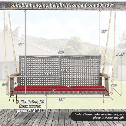 RELAX4LIFE 2-Seater Outdoor Porch Swing - Patio PE Rattan Hanging Swing Bench with Seat Cushion and Strong Hanging Ropes, Wicker Swing Loveseat Bench for Porch, Backyard, Garden, 800 lbs (Red)