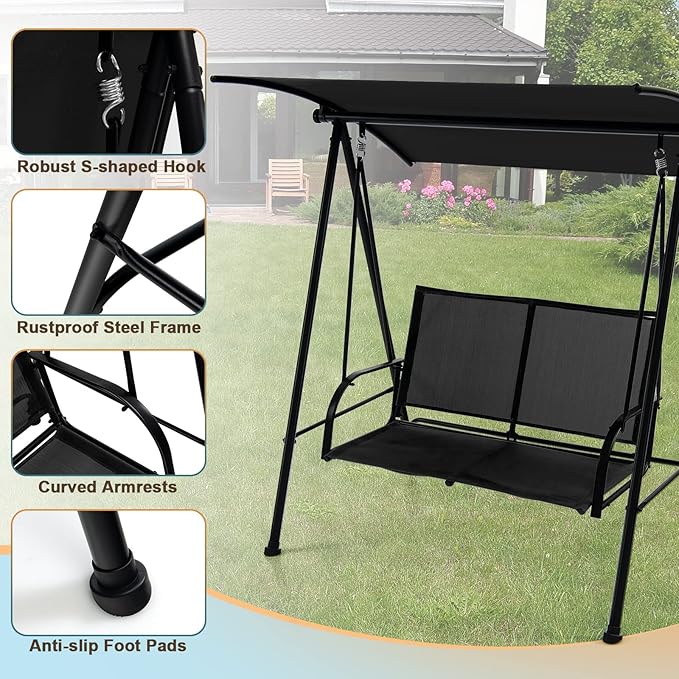 Tangkula 2 Person Porch Swing, Patio Swing with Adjustable Canopy, Comfortable Fabric Seat & Heavy-Duty Steel Frame - Photo 7