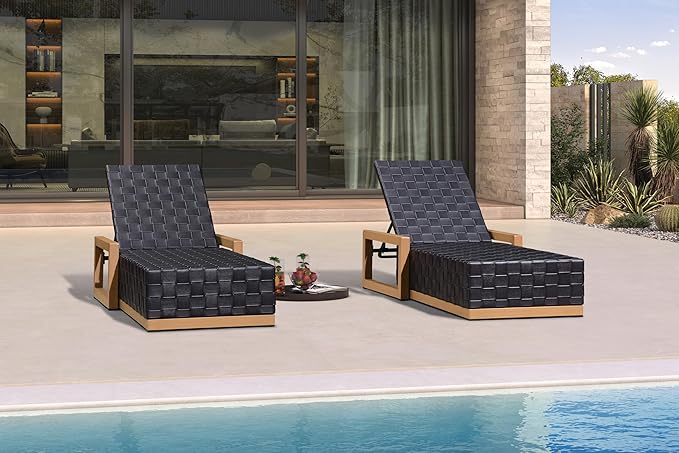 PURPLE LEAF Outdoor Chaise Lounge Set of 2, PU Leather Patio Lounge Chair Aluminum Pool Lounge Chairs with 5-Position Adjustable Backrest for Pool, Deck, Garden, Sunbathing, Black