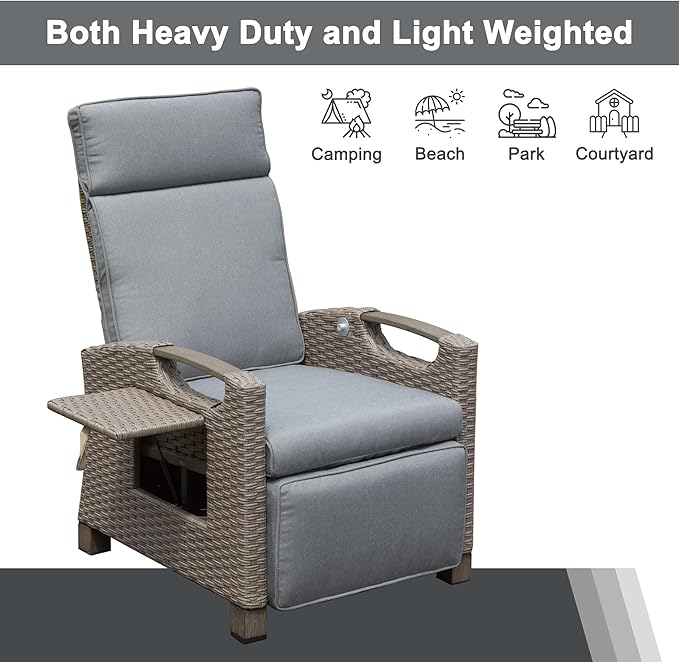 Domi Outdoor Recliner Chair, Patio Recliner with Hand-Woven Wicker, Flip Table Push Back, Adjustable Angle, Thickness Cushions, Reclining Lounge Chair for Indoor & Outdoor Use, Grey