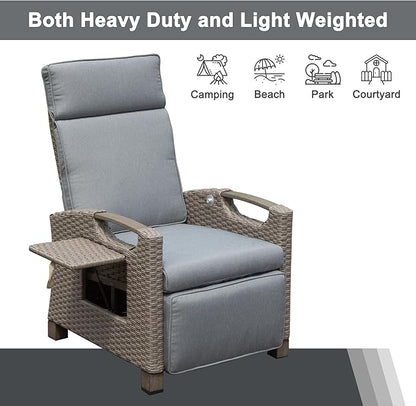 Domi Outdoor Recliner Chair, Patio Recliner with Hand-Woven Wicker, Flip Table Push Back, Adjustable Angle, Thickness Cushions, Reclining Lounge Chair for Indoor & Outdoor Use, Grey