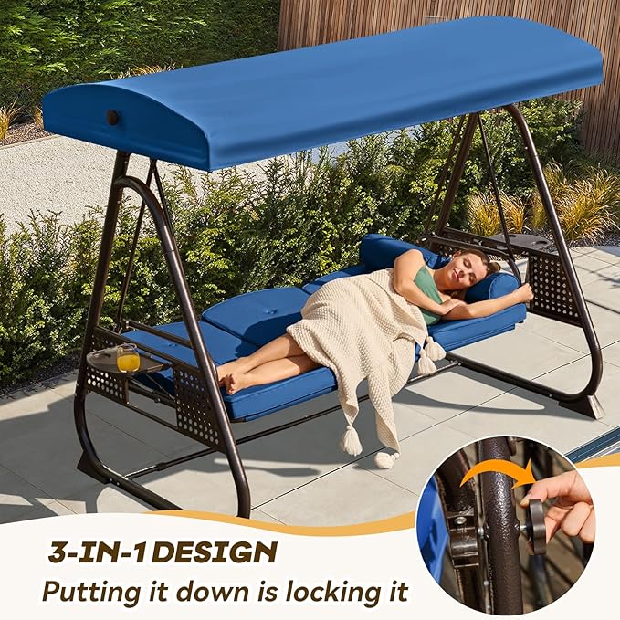 3 in 1 Outdoor Porch Swing with Adjustable Canopy, 3 Seat Outdoor Swing for Adults - Photo 3