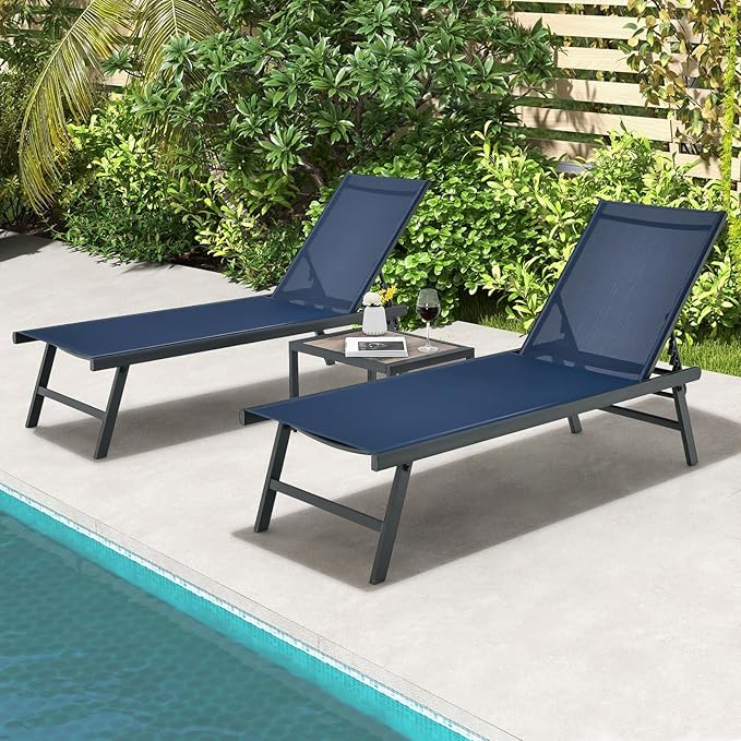 Tangkula 3 Piece Patio Chaise Lounge Set, Aluminum Patio Recliner with Coffee Table, 6-Level Backrest Adjustment - Photo 2