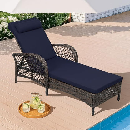 HOMEDIARY Outdoor Wicker Lounge Chair with Cushion, 6-Position Adjustable Patio Chaise Lounge, All Weather Lay Flat Pool Sunbathing Recliner Chair, Armrest and Head Pillow, Fade-Resistant, Navy Blue