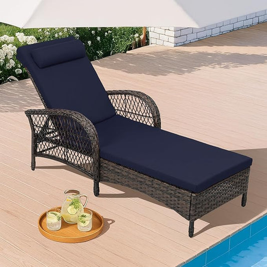 HOMEDIARY Outdoor Wicker Lounge Chair with Cushion, 6-Position Adjustable Patio Chaise Lounge, All Weather Lay Flat Pool Sunbathing Recliner Chair, Armrest and Head Pillow, Fade-Resistant, Navy Blue