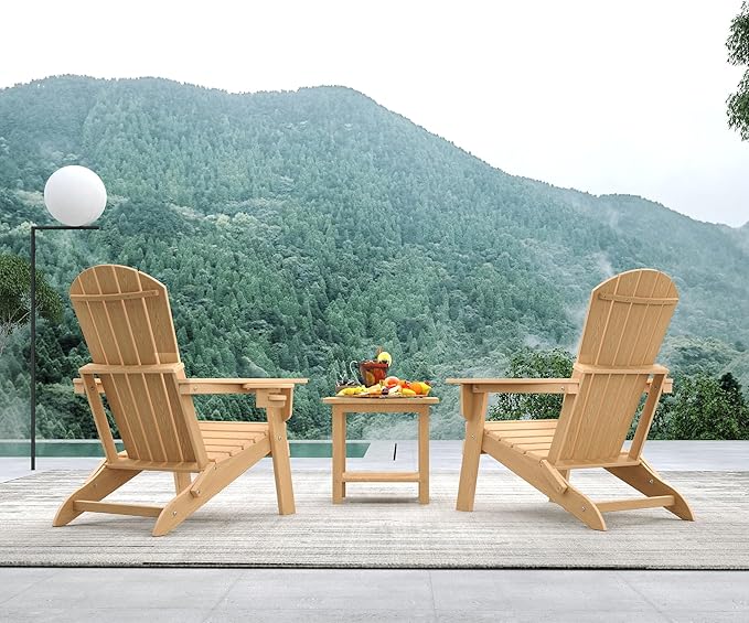 Folding Adirondack Chair，Wooden Textured Fire Pit Chair with Cup Holder, Heavy All-Weather HDPE Plastic Outdoor Patio Chairs for Poolside Backyard Patio Outdoor Garden