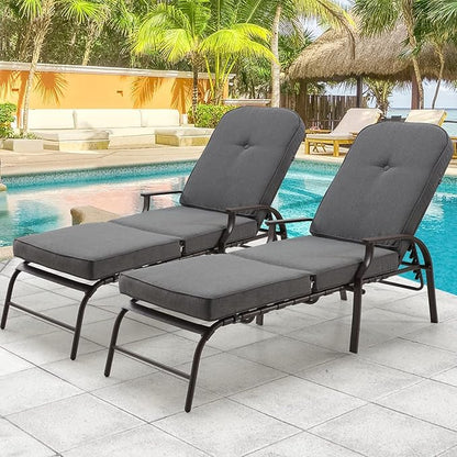 U-MAX Adjustable Outdoor Chaise Lounge Chair Patio Lounge Chair Recliner Furniture with Armrest and Cushion for Deck, Poolside, Backyard (Grey, 2PCS)