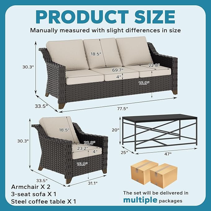 4 Pieces Outdoor Conversation Furniture Set - 77" Patio Sofa, 2 Wicker Armchairs, 1 Metal Coffee Table - Photo 2