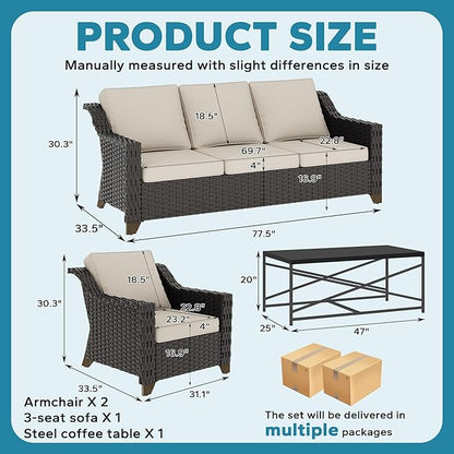 4 Pieces Outdoor Conversation Furniture Set - 77" Patio Sofa, 2 Wicker Armchairs, 1 Metal Coffee Table, Patio Wicker Furniture Set with Water-Resistant Cushions for Sunroom (Beige)