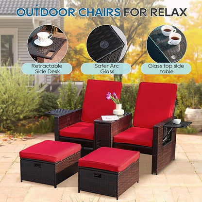 5PCS Outdoor Wicker Chaise Lounge Chair - Rattan Adjustable Reclining Patio Lounge Chair with Ottoman and Coffee Table, for Patio Beach Pool Backyard (Brown Wicker Red Cushion)