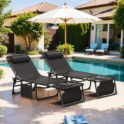 Devoko Beach Lounge Chair, Outdoor Sun Tanning Chair with Face Hole, Heavy Duty Folding Portable Lay Chaise Lounge Chairs for Outside Beach Pool Camping Patio, Black