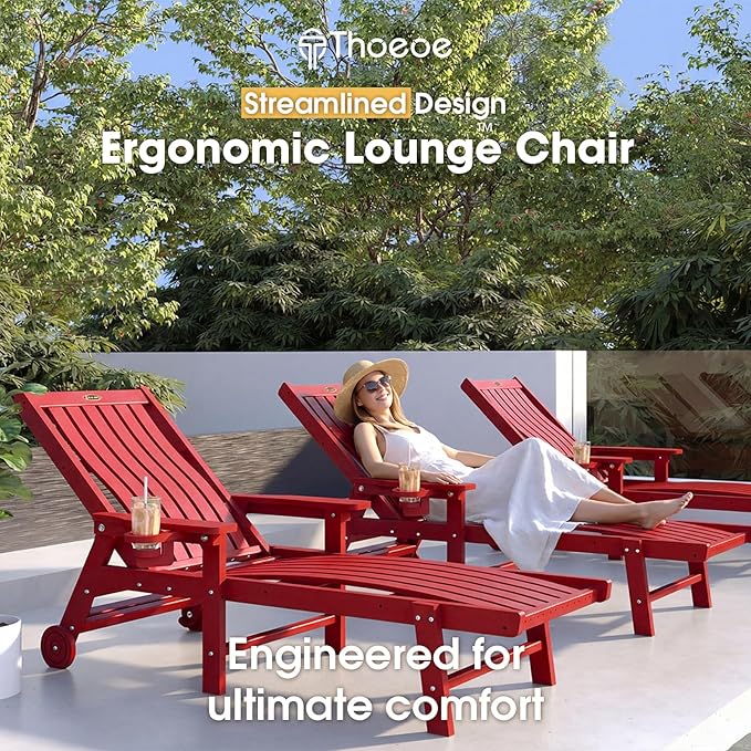 THOEOE Patio Chaise Lounge Chair Set of 4, Oversized Lounge Chair Outdoor with 5 Positions, HDPE, Patio Lounge Chair with Wheels & Cup Holder for Pool, Deck, Poolside,Red