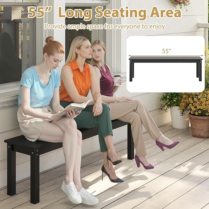 Giantex 55" HDPE Outdoor Bench, 2-3 People Weatherproof Backless Patio Garden Bench with 750 Lbs Capacity, Fade Resistant Outside Seating Furniture, Loveseat for Porch, Yard, Park (1,Black)