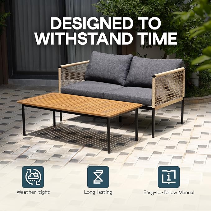 Idzo Oscar Wicker Metal Loveseat with Coffee Table – Black, 2-Seater Outdoor Sofa Set for Small Patios - Photo 8