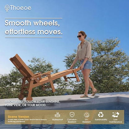 THOEOE Patio Chaise Lounge Chair, Oversized Lounge Chair Outdoor with 5 Positions, HDPE, Patio Lounge Chair with Wheels & Cup Holder for Pool, Deck, Poolside,Wood