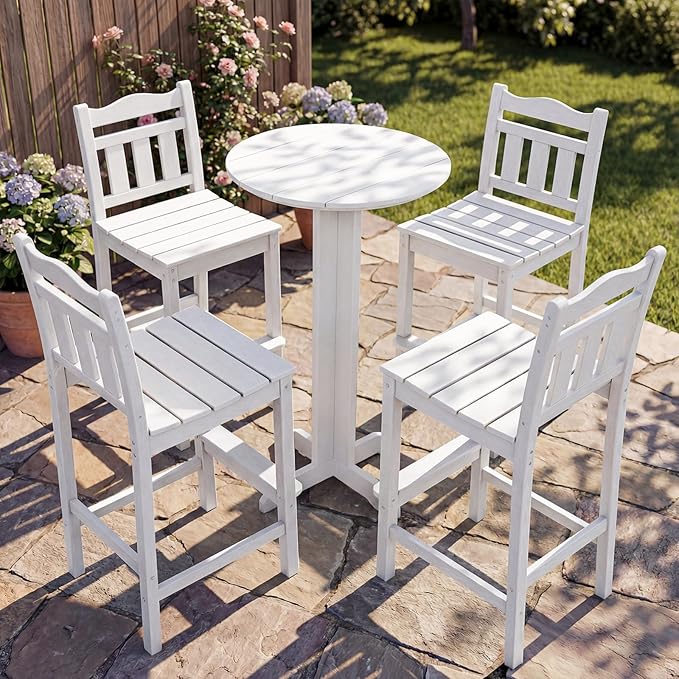 Outdoor Round Bar Table, 43 Inch All-Weather HDPE Bar Height Pub Table with Adjustable Feet, Heavy Duty High Top Bistro Table for Garden, Deck, Poolside,Backyard (White)