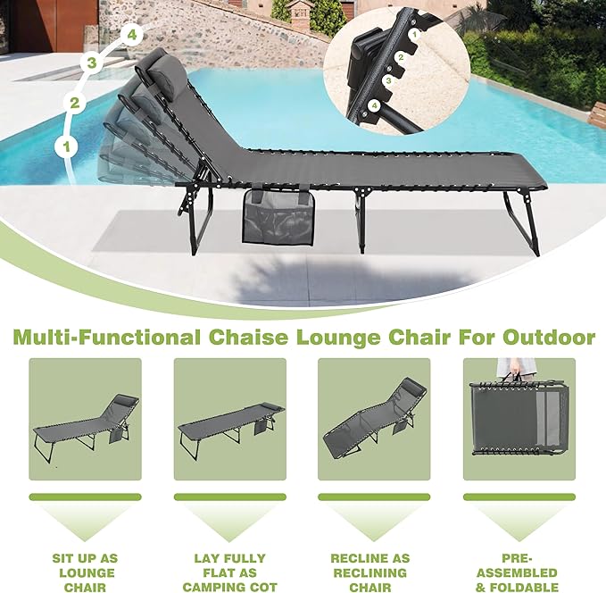 BlueWish 2 Pack Patio Chaise Lounges, Folding Lounge Chair with Adjustable Backrest, Outdoor Chaise Lounge with Removable Pillow & Side Pockets for Poolside, Beach, Garden, Grey