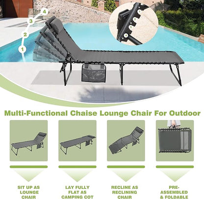 BlueWish 2 Pack Patio Chaise Lounges, Folding Lounge Chair with Adjustable Backrest, Outdoor Chaise Lounge with Removable Pillow & Side Pockets for Poolside, Beach, Garden, Grey