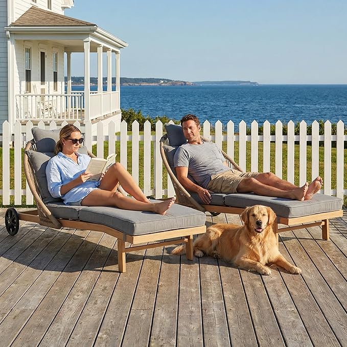 Patio Chaise Lounge Chairs Set of 2, Oversized Lounge Chair Outdoor with Cushions, Pool Lounger Chairs with Wheels, All Weather Wicker Outdoor Chaise Lounge Chairs for Outside/Deck, Grey