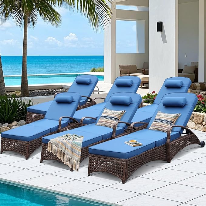 NOBLEMOOD Chaise Lounge Outdoor Wicker Lounge Chair with Wheels, Adjustable 6 Position Pool Reclining Chair with Blue Thickened Fabric Cushion & Pillow, Pack of 6