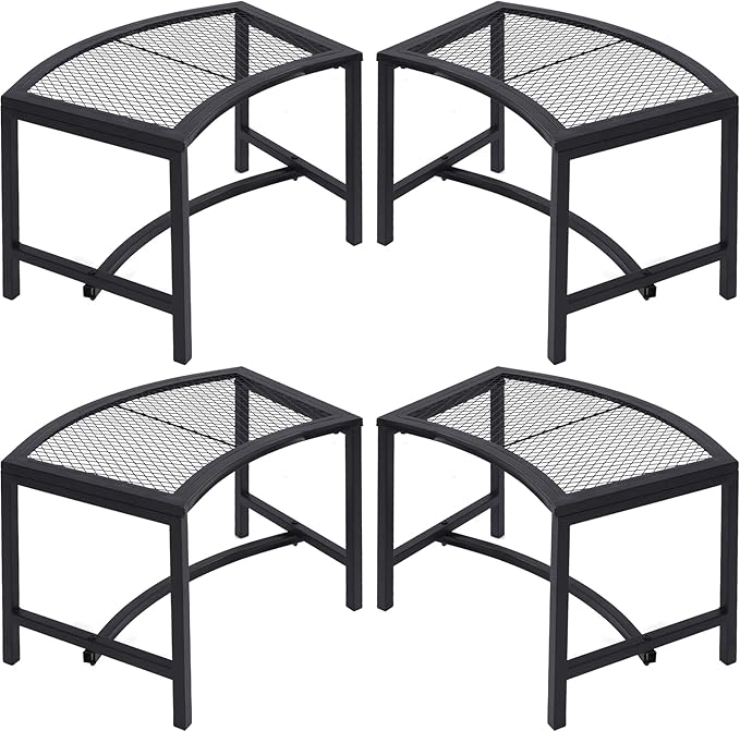 Metal Fire Pit Curved Bench, Backless Powder-Coated Mesh Outdoor Bench, Weatherproof Garden Chair Seating for Firepit Deck Patio Porch Yard, Black, Set of 4