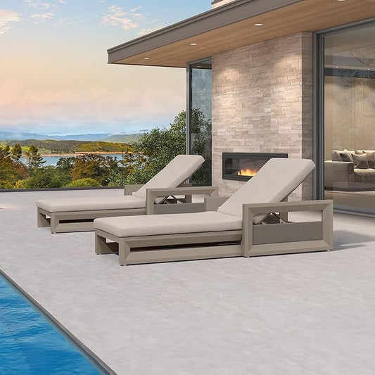 PURPLE LEAF Outdoor Chaise Lounge Set of 2 Reclining 2 in 1 Design Lounger Chair with Cushion Deluxe Aluminum Oversize Pool Lounge Chairs with Armrests & Backrest for Patio Poolside Backyard, Khaki