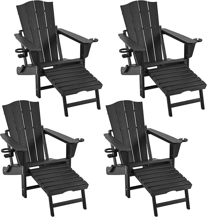 Yaheetech Adirondack Chair with Retractable Ottoman, All Weather Patio Folding Fire Pit Chair with Cup Holder and Phone Holder for Outdoor Poolside, Black, 4 pcs